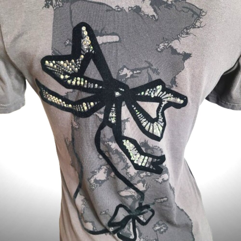 Moschino Jeans Gray Graphic Tee w/ Sequin Dragonfly | Size 42 (US 8) - Picture 9 of 15